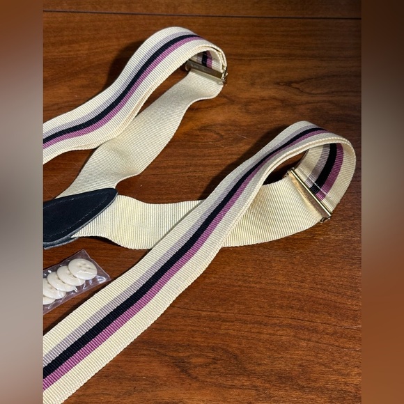 Vintage Bill Blass Button-On Suspenders GAS Germany Striped Cream purple Leather - Picture 4 of 5